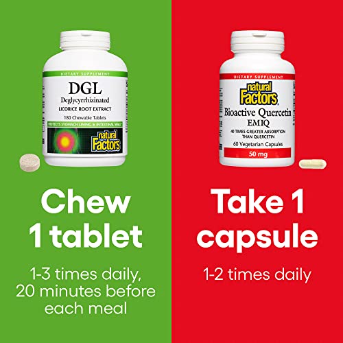 Natural Factors, Chewable Dgl, 400 Mg (180 Tablets) & Bioactive Quercetin Emiq, 50 Mg (60 Capsules) For Digestive & Respiratory Health #TOP4