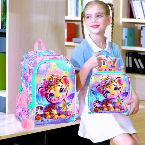 Image of 3Pcs Backpack for Girls, 16 inch Kids Bookbag with Lunch Box,Tiger School Backpacks for Elementary Preschool Kindergarten (Pink)