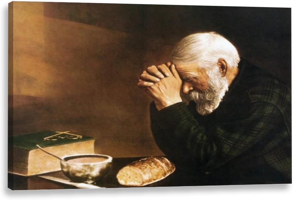 Vintage Oil painting decoration Wall Art Eric Enstrom Grace Man Praying Over Bread Poster Canvas Print Bedroom Room Aesthetics Decoration 8x12inch Framed