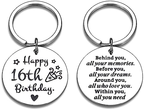 Sweet 16 Gifts for Girls, Inspirational Keychain Happy 16th Birthday Sixteen Boy, Daughter Son Gift from Mom Dad, Funny Metal KeyChains for Girlfriend Boyfriend Him Her 16 Years Old