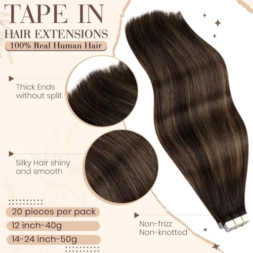 Hetto Tape in Hair Extensions Human Hair Balayage Brown 16 Inch, Natural Seamless Hair Extensions Tape in Human Hair - Image 2