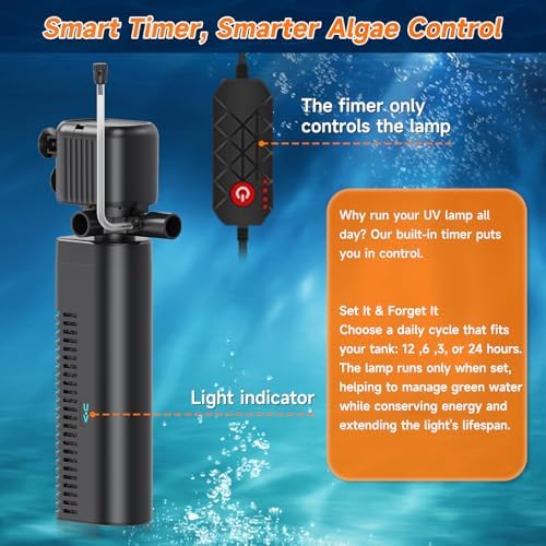 SYSENCIAGA Aquarium Filter with UV, 200GPH for 20-75 Gallon Tanks, Submersible with Timer for Crystal Clear Water in Aquarium, Pond, Turtle Tank(25W ) - 3