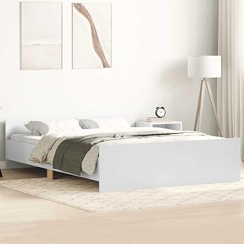 Small Double Bed Frame 120x190 cm White Engineered Wood & Pine with Headboard Sturdy Plywood Slats Modern Bedroom Furniture for Guest Room Teen Loft