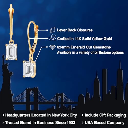 Gem Stone King 14K Yellow Gold Gemstone Birthstone Leverback Drop Dangle Earrings for Women | Emerald Cut 6X4MM | Fine Gold Jewelry Earrings for Her Mom Wife2