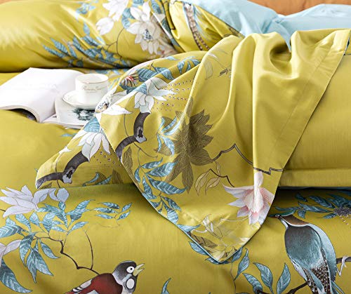 Exotic Modern Floral Print Bedding Birds Flowers Dusty Grey Design 100% Cotton Duvet Cover 3Pc Set Hibiscus Blossom Branches In Muted Gray Blue (King, Citronelle Green) #TOP6