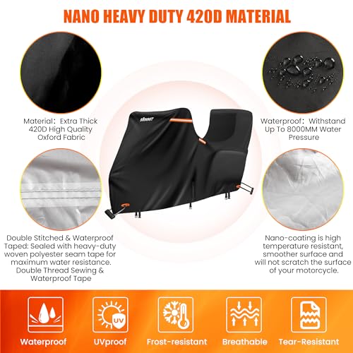 Image of Motorcycle Cover with Side + Top Box, 420D Heavy Duty Nano-Coated, Touring Bike Cover, 5 Reflective Strips,Air Vents,3 Windproof Buckles,Antenna Zipper