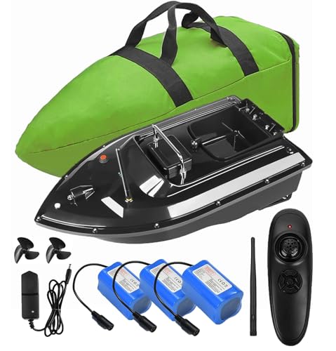 Barco de cebo,12000mah Baterías de gran capacidad Barco de cebo de pesca,500m Mando a distancia,Tolva de carga de 1,5kg,resistente al viento y a las olas,con bolso de mano. Regala antenas, hélices y o