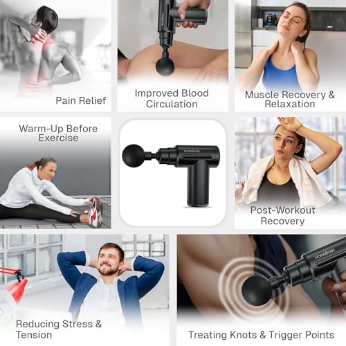 Image of HOMEBASIC Muscle Mate Gun Massager For Full Body Pain Relief| 4 Massage Heads,6 Speeds| 3600mAh USB-C Rechargeable Battery| Handheld Deep Tissue Massager for Neck Shoulders Back Feet| Unisex (Black)