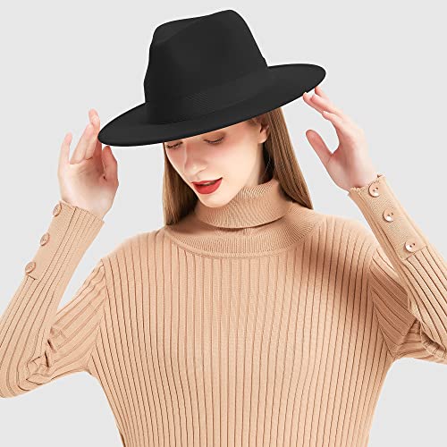 Wide Brim Fedora Hats for Women & Men Classic Dress Panama Hat Adjustable Felt Hat with Band - Thumbnail 6