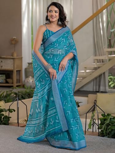 Image of Satrani Women's Linen Printed & Embroidery Ready To Wear Saree with Unstitched Blouse Piece