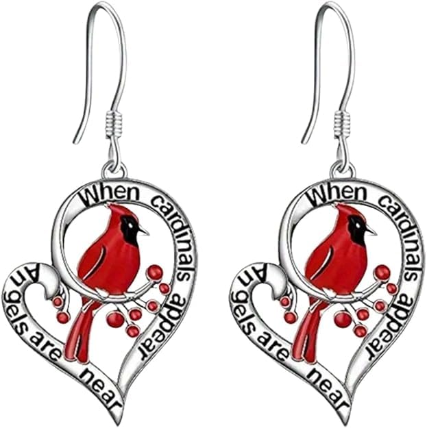 Cardinal Red Bird Dangle Drop Earrings for Women Dainty Bird Heart Fish Hook Earrings Memorial Jewelry (Silver)
