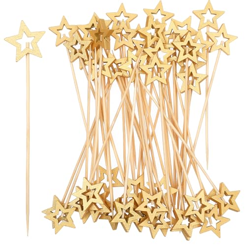 50PCS Gold Star Bamboo Cocktail Picks, 5.5 Inch Christmas Fancy Toothpicks for Appetizers, Long Decorative Cocktail Picks for Party Decoration, Appetizer Skewers for Charcuterie Sandwich Burgers Fruit