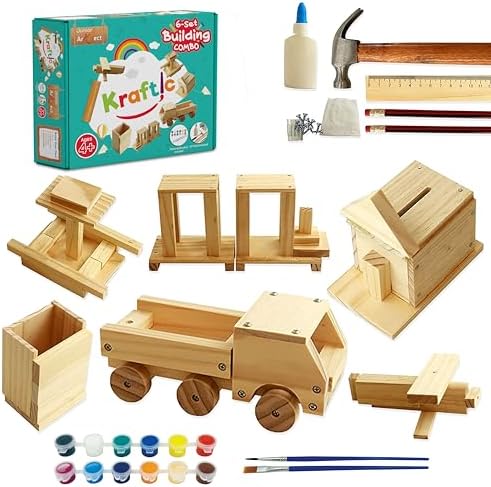 Kraftic DIY Deluxe Carpentry Woodworking Kit with 6 Projects
