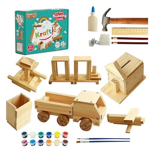 Kraftic Woodworking Building Kit for Kids and Adults, with 6 Educational Arts and Crafts DIY Carpentry Construction Wood Model Kit Toy Projects for Boys and Girls