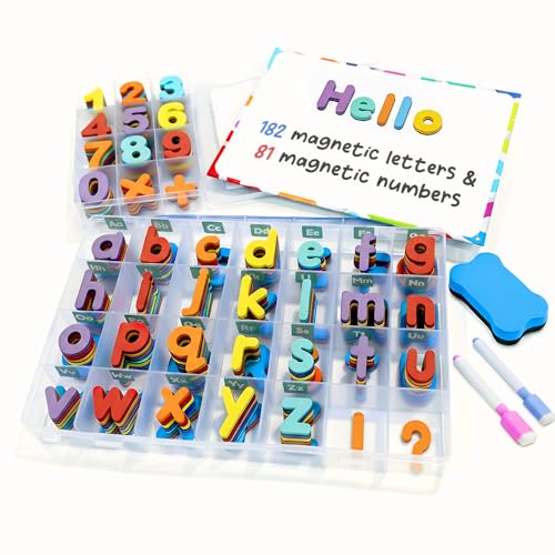Magnetic Letters and Numbers for Children The Complete Set: 182 Letters and 81 Numbers & Symbols Thick Foam Fridge Magnets for Kids - Includes 2 Storage Boxes Magnetic Board Pens and Eraser