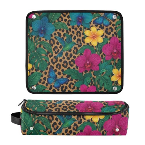 Bolso de viaje para herramientas de cabello para mujeres con estera resistente al calor desmontable, estuche de doble capa para planchas de pelo, alisadores y rizadores, diseño estampado de leopardo orquídea exótica miniatura 3