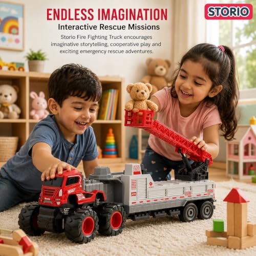 Image of Storio 1:43 4WD Fire Fighting Truck Toy | Friction Powered Engineering Vehicle for Kids | Miniature Fire Truck with Movable Ladder, Crane & Monster Wheels | Durable Car Toy