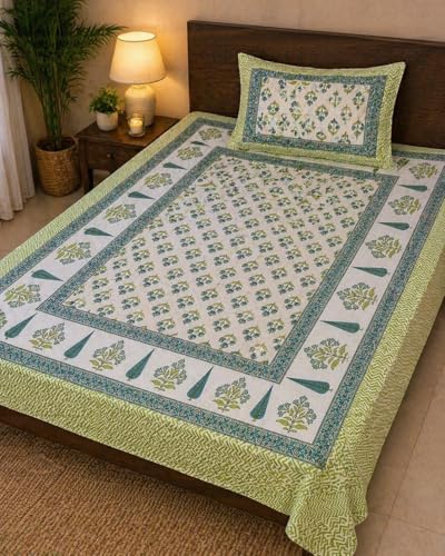 Image of Mafatlal 144 TC Heritage 100% Cotton Single Size Bedsheet (90x60 inches) with Matching Pillow Cover | Soft & Comfortable | Elegant Printed Heritage Design | Pista Green