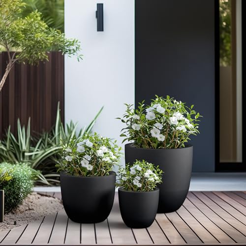 Image of Kante Set of 3 Black Concrete Bowl Planters 18 inch 14 inch 18 inch Dia