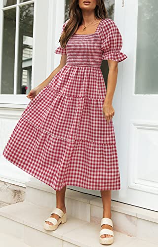 Image of ZESICA Women's 2026 Boho Summer Dresses Gingham Puff Sleeve Square Neck Flowy Beach Midi Dress