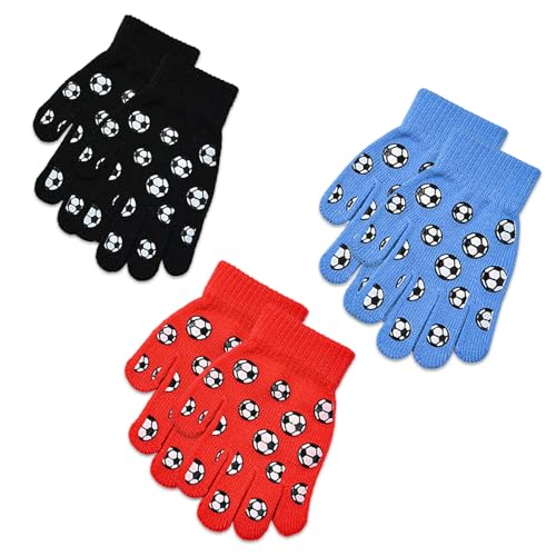 HEOUCH 3 Pares Guantes Niño, Guantes Niña Calientes, Mitones para Niños de Invierno, Uantes de Dedo Completo, Patrón de Fútbol de Dibujos Animados, Adecuado para Los Desplazamientos