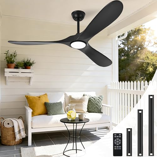 Image of Ceiling Fan with Light and Remote, Modern Outdoor Ceiling Fans with Lights for Indoor Bedroom Living Room Patios Gazebo Wood 3 Blade Propeller High CFM Wet Rated Exterior Fan, Black 60 Inch
