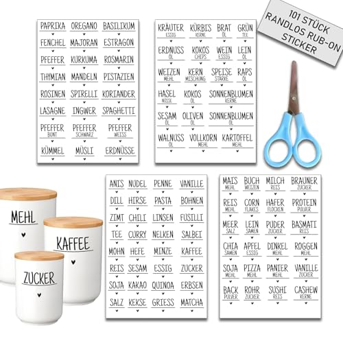 Gewürzetiketten Etiketten Vorratsdosen 101 Randlose Lebensmittel & Vorrats Rub On Etiketten Gewürz Wasserfest zum Beschriften von Vorratsgläsern und Behältern in der Küche, spülmaschinengeeignet