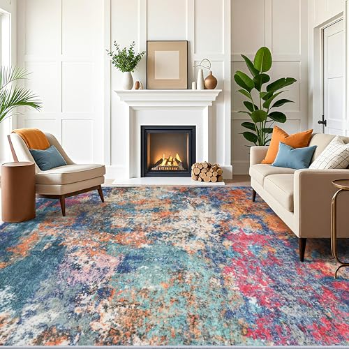 Washable Area Rug 10x12 Abstract - Large Soft Rugs for Living Room Modern Colorful Indoor Mat Non Slip Low Pile Carpet for Bedroom Stain Resistant Thin Floor Mats for Dining Room 10x12 Colorful/Multi