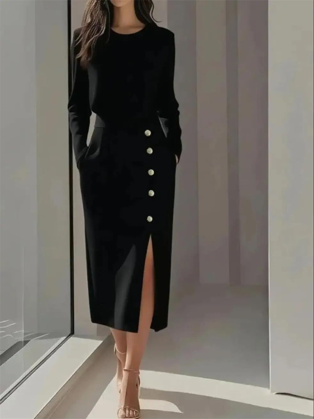 Women's Long Sleeve Midi Dress Side Button Detail Slim Fit Split Hem Dress