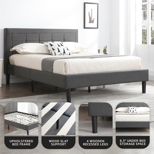 Image of Decoro Mornington Upholstered 2.0 Platform Bed, Button-Tufted Fabric Headboard and Metal Frame with Wood Slat Support, Dark Grey, Queen