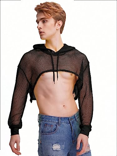 WDIRARA Men's Drawstring Fishnet Mesh Long Sleeve Hoodie Crop Top Pullovers4
