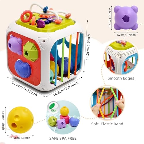 Image of LONGMIRE Montessori 7 in 1 Cube Sensory Toys for Toddlers 1-3,Car Travel Toys Busy Board Activity Cube,Learning Stocking Stuffers Educational Birthday Gifts Sensory Baby 12-18 Months Multicolor