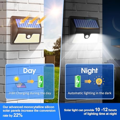 Security Lights Outdoor Motion Sensor - 144 LED Solar Powered Security Light Outside Garden Fence Lights Waterproof Outdoor Wall Lighting 3 Modes Solar Pir Lights for Front Door Yard Garage
