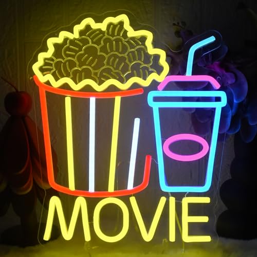 Image of Movie Neon Sign for Wall Decor, Movie Neon Light with Popcorn Drink, USB Dimmable Led Lights Signs for Film Room Cinema Game Room Man Cave Party