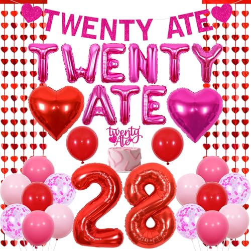 JOYMEMO Hot Pink and Red Twenty Ate 28th Birthday Decorations Set for Women