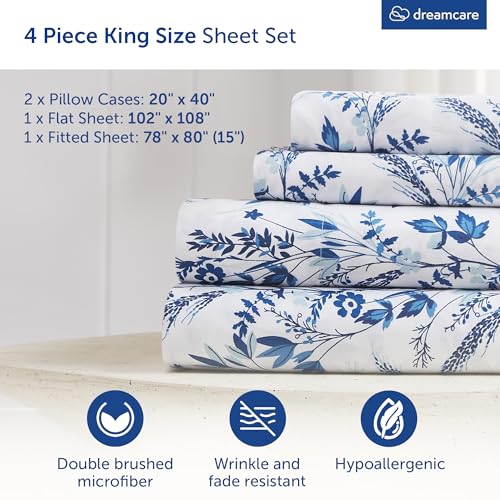 Image of DREAMCARE King Size Sheets Set - 4 pcs Breathable Cooling Sheets - up to 15 inch Deep Pocket King Sheet Set with Side Pockets - Extra Soft 100% Brushed Hypoallergenic Hotel Luxury Bedding Floral Blue