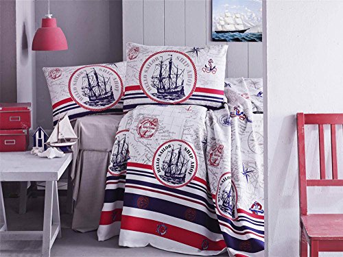 DecoMood Nautical Bedding, Vintage Ship Themed Bedspread Coverlet (Pique) Set, 100% Cotton, Single/Twin (3 PCS) and Full…