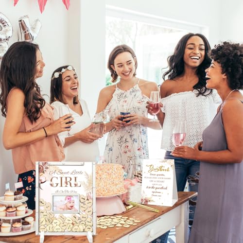 Image of Beeveer 65 Pcs Baby Shower Guest Book Alternatives Boho Flower Baby Shower Sign in Guest Book Decorations with Picture Frame and 60 Wooden Heart Chip Keepsake Gifts for New Parents