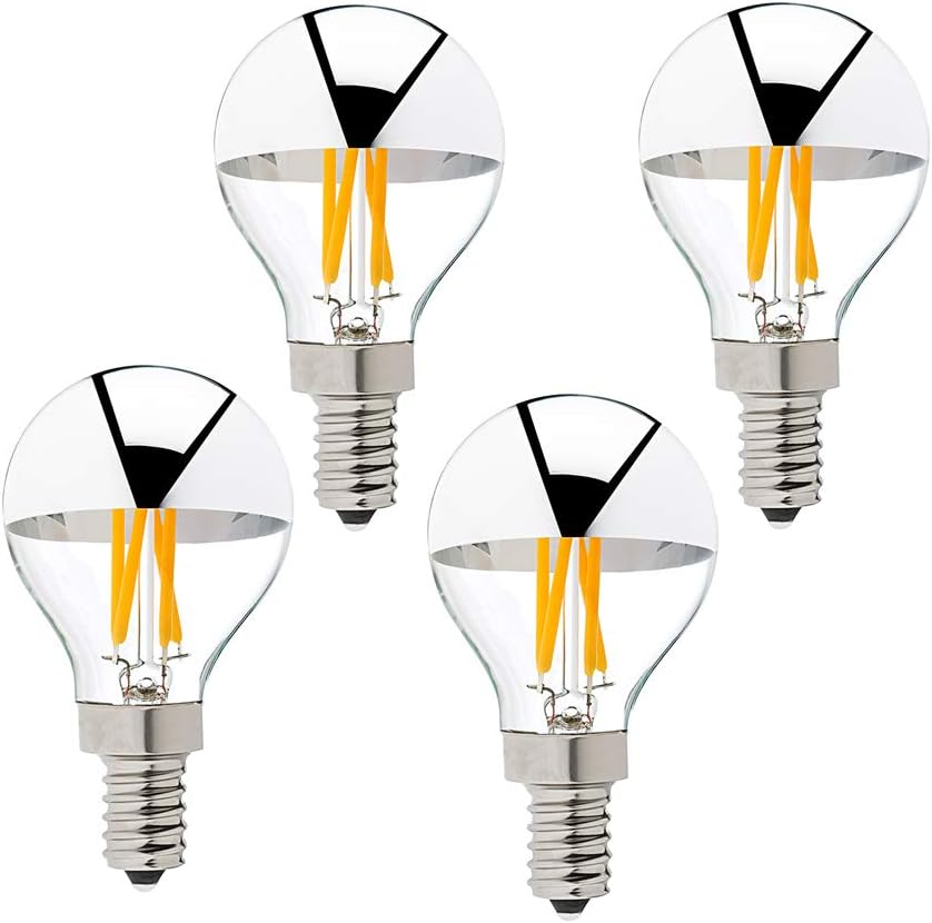 G45 G14 4W Silver Tipped LED Filament Globe Bulb E12 Half Chrome Candelabra LED Bulb 40 Watt Equivalent 2700K Warm White Dimmable Edison Bulb, 4Pack
