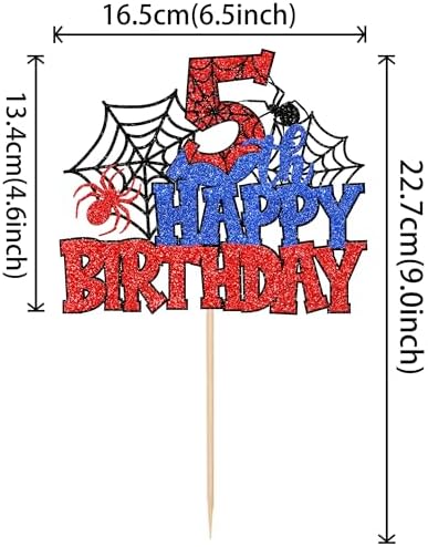 ZHUOWEISM 1 PCS Happy 5th Birthday Cake Topper Glitter Spider Web Cake Pick Superhero Spider Party Cake Decorations for Children Kids Boys Happy 5th Birthday Party Cake Decorations Supplies