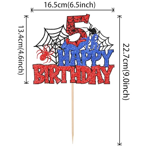 Xsstarmi 1 Pack Happy 5th Birthday Cake Topper Red Blue Glitter Black Spider Web Superhero Theme Cake Pick for Boys Girls 5th Birthday Anniversary Celebration Party Cake Decorations