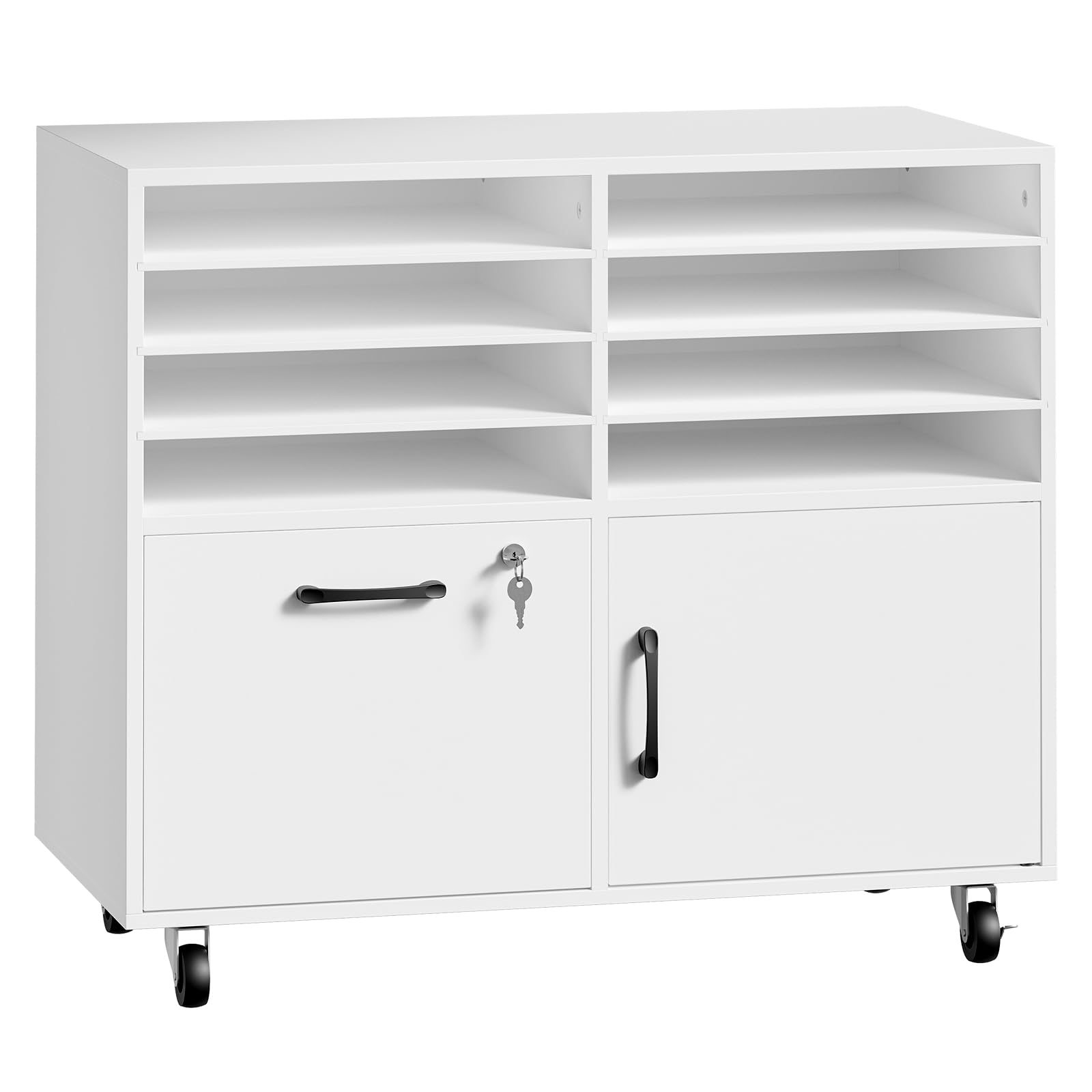 HOOBRO Rollcontainer mit abschließbarer Schublade und 8 Fächern, mobiler Aktenschrank, Schubladenschrank, Büroschrank, Bürocontainer, Schreibtisch Unterschrank, für Büro, Wohnzimmer, Weiß EWB55WJ01