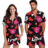 NETILGEN His and Hers Matching Pajamas Set for Couples, Casual Short Sleeve Button Sleepwear Couples Matching Pajamas Valentine's Day Love Hearts