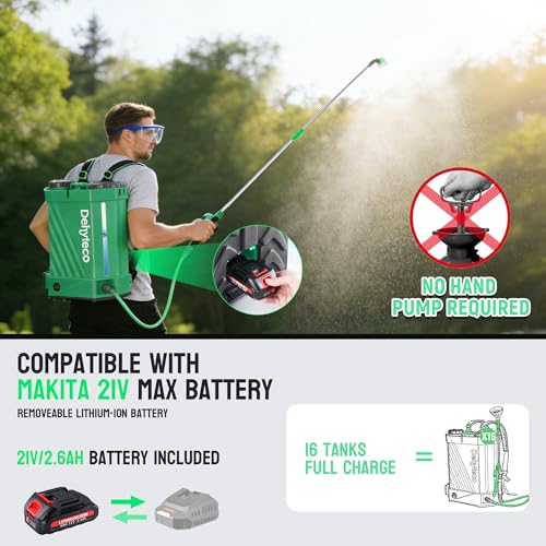 Image of Battery Powered Backpack Sprayer with Mixer 4.2 Gallon, 5 Nozzles & Goggles | Upgraded Backrest & Strap, Adjustable PSI 0-100, Compatible with Makita 21V /2.6Ah Battery & Charger