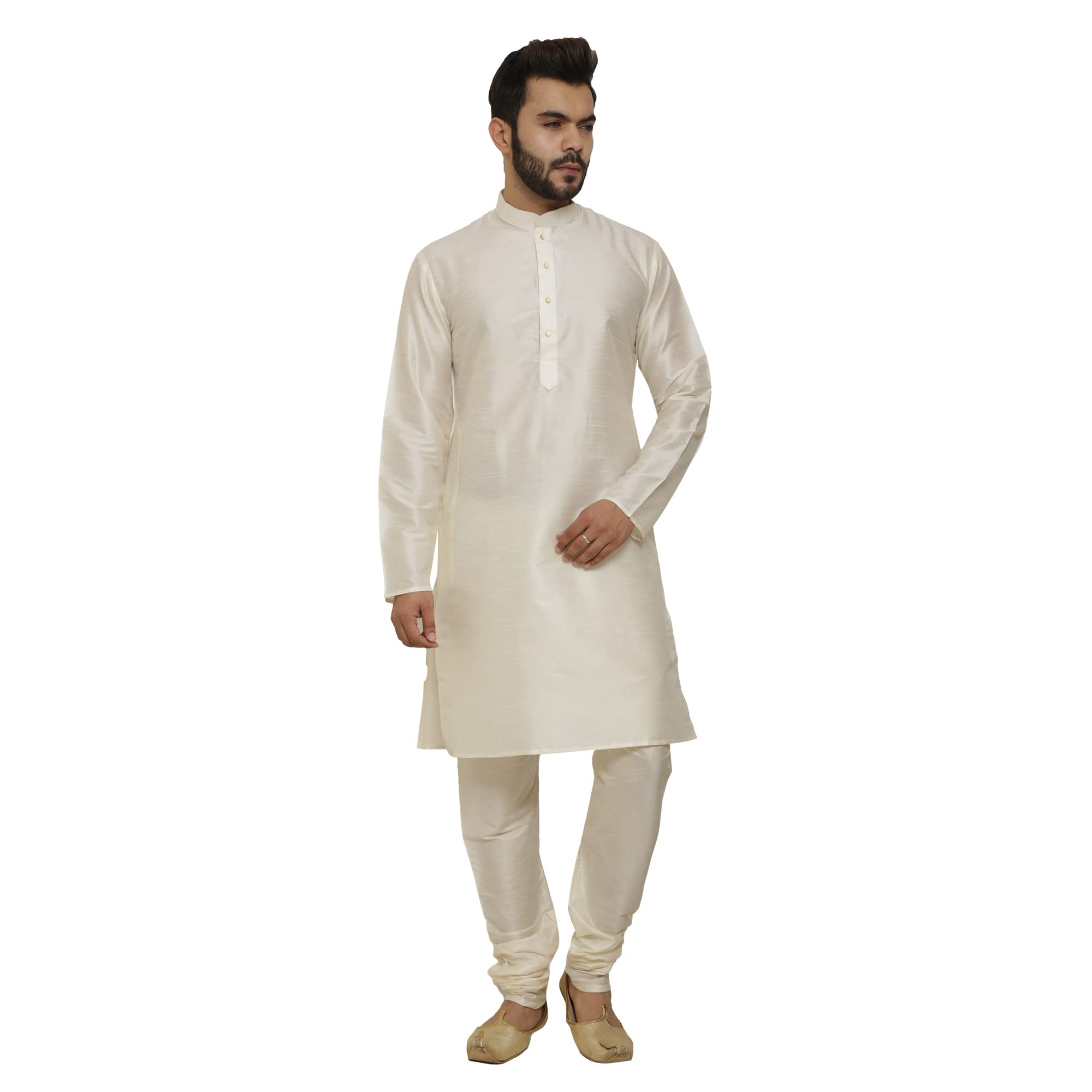Traditional Silk Kurta Pyjama Set for Men, Cream Colour, Mandarin Collar-picture-56