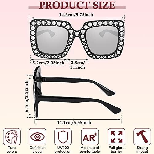 Weewooday 24 Pairs Crystal Oversize Sunglasses Square Diamond Glitter Sparkly Sunglasses Retro Thick Frame Rhinestone Square Bling 60,70's Disco Accessories for Women Men3