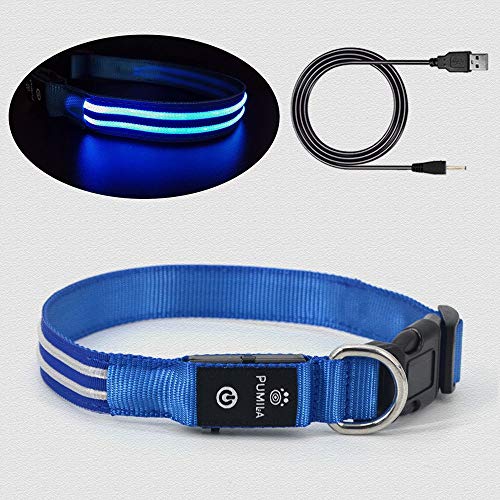 Pumila LED Dog Collar Light Rechargeable Safety Dogs Collar Flashing for Night Dark Increased Visibility, 100% Waterproof Adjustable Super Bright Flashing Collar for Small Large Dog - Blue - S