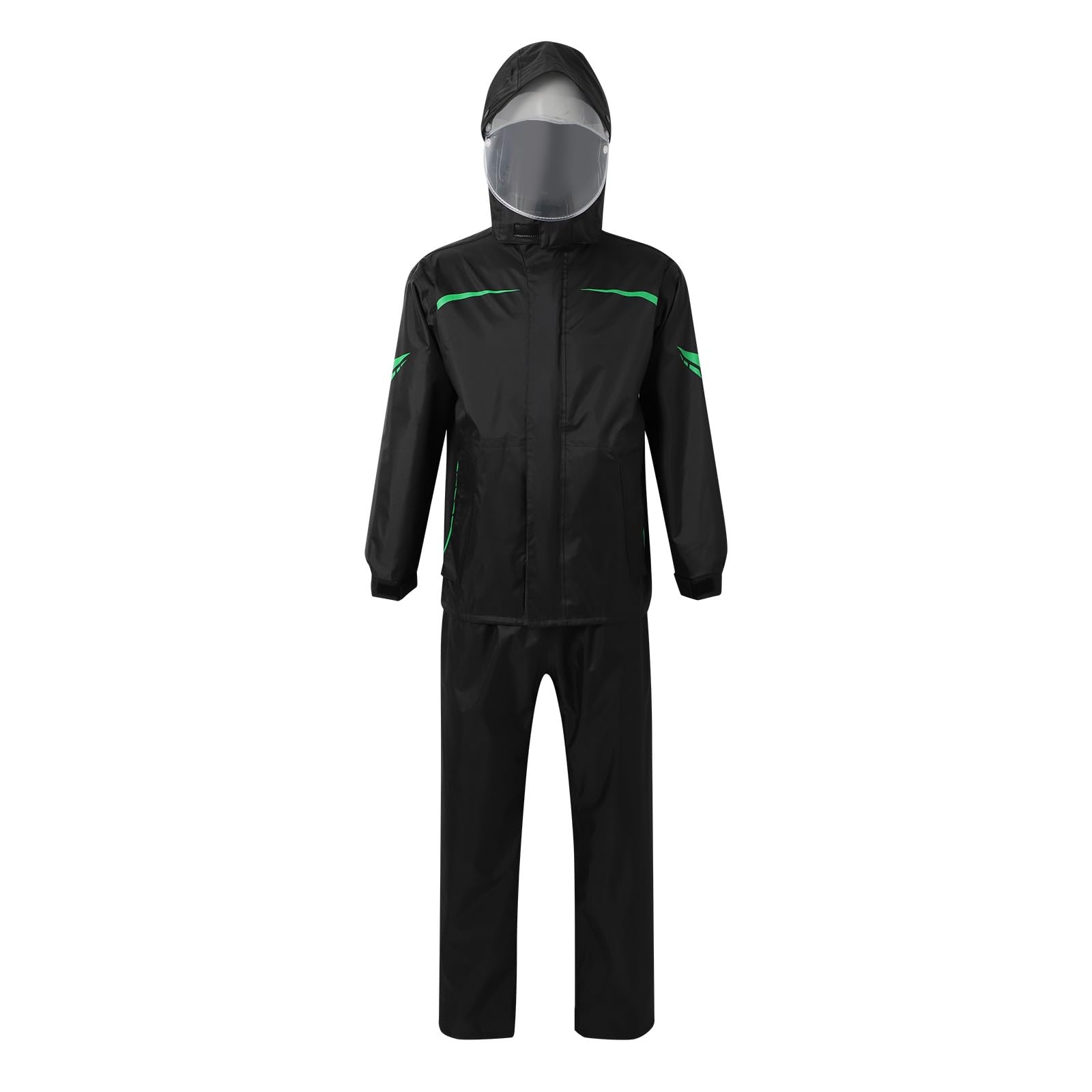 Generisch Poncho antipioggia unisex, impermeabile, riflettente, set di pantaloni da pioggia per attività all'aperto | Impermeabile, unisex, strisce riflettenti, cuciture nastrate, cappuccio regolabile, maniche elastiche, per pesca, moto