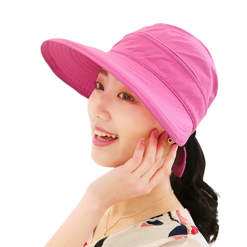 Xinchia Women's Rose Red Sun Visor Hat Wide Brim Summer Uv Protection Cap Golf Visor Hat Beach Visors Cap For Removable Topless Foldable Summer Travel Hats Packable Bucket With Bowknot