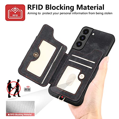 Phone Case for Samsung Galaxy S22 5G Wallet Cover with Tempered Glass Screen Protector and Wrist Strap Lanyard RFID Credit Card Holder Ring Stand Cell Accessories S 22 22S 4G G5 6.1 inch Women Black - Thumbnail 3
